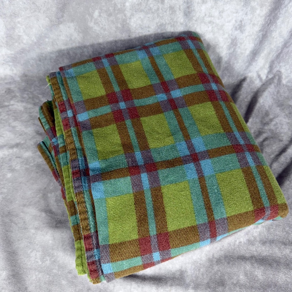 Vtg Woolrich Home Green Plaid Flannel Flat Sheet Full 100% Cotton Turkish Fabric